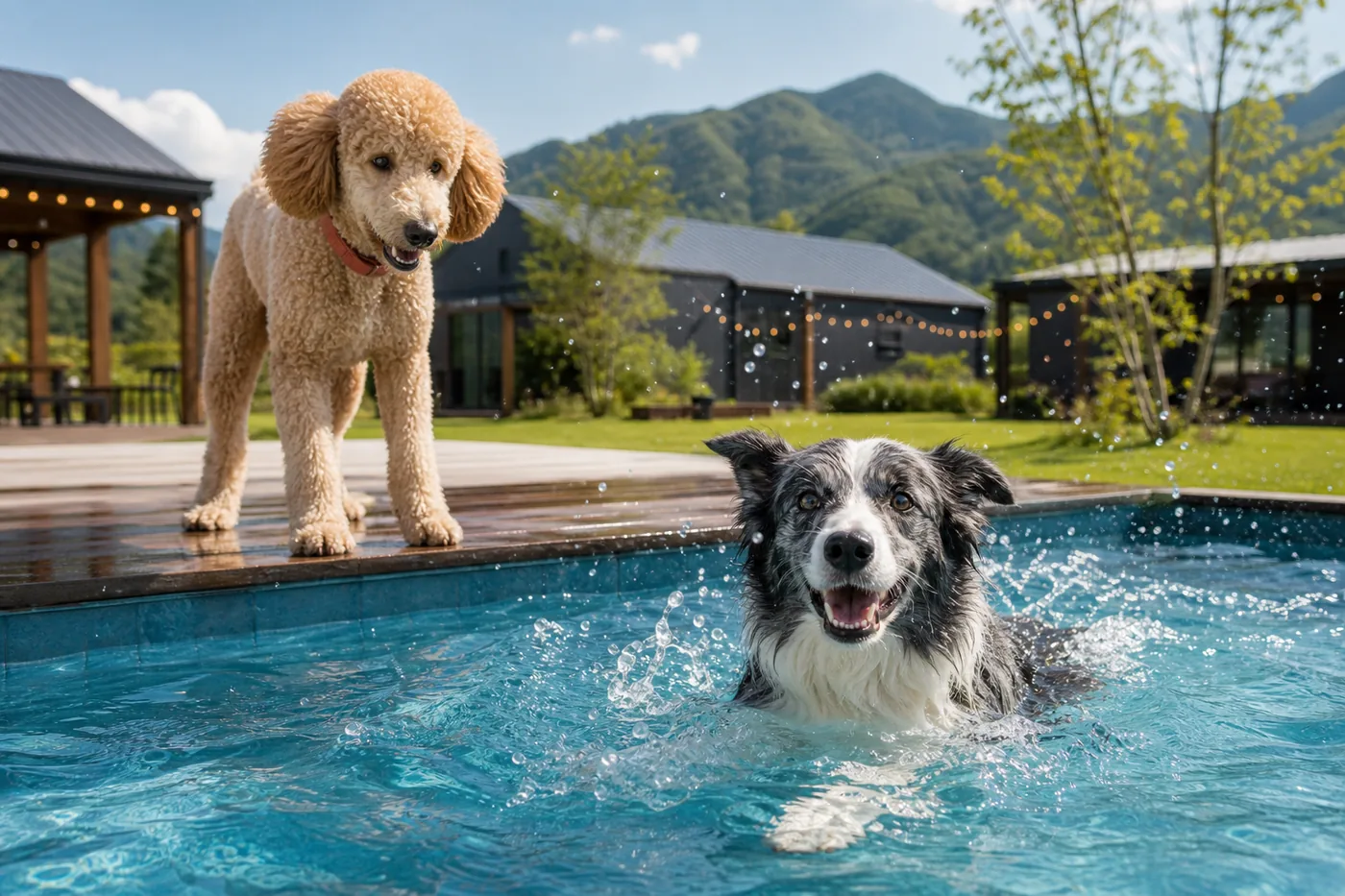 プールで泳ぐ犬