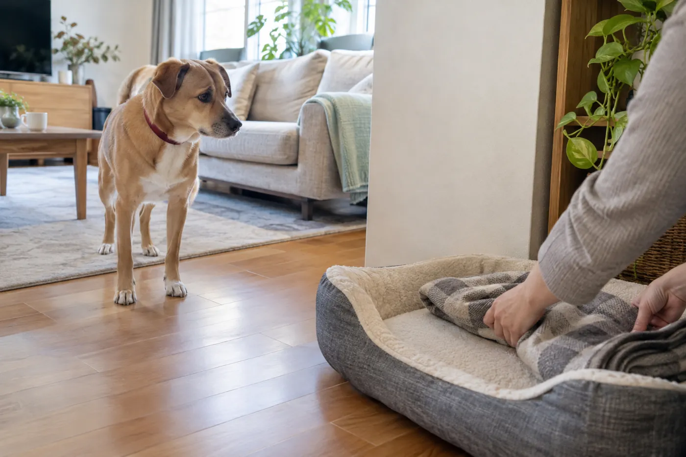 犬の居場所を考えながら自宅のリビングを整える様子