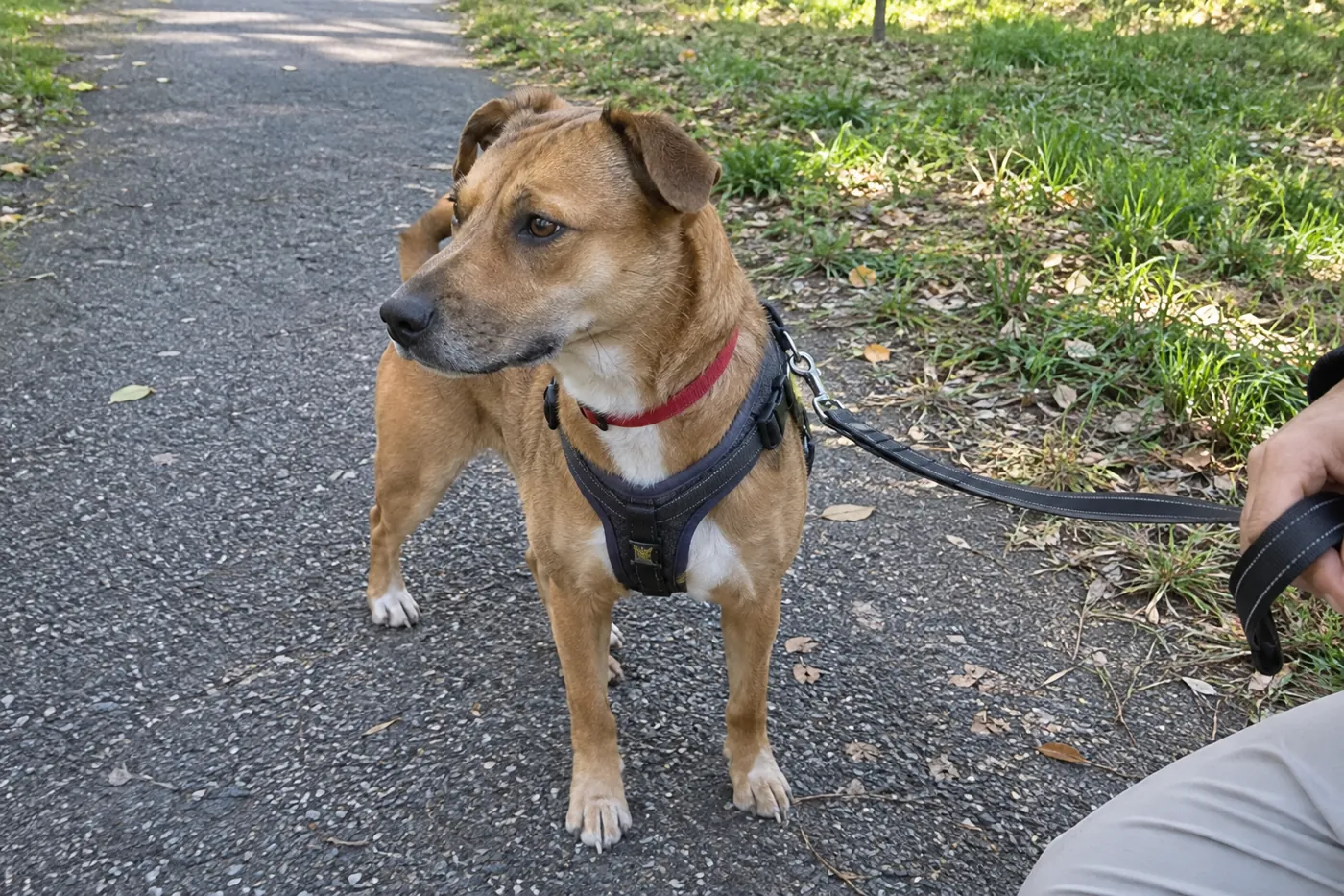リードを持つ人のそばで、落ち着いて公園に立つ犬