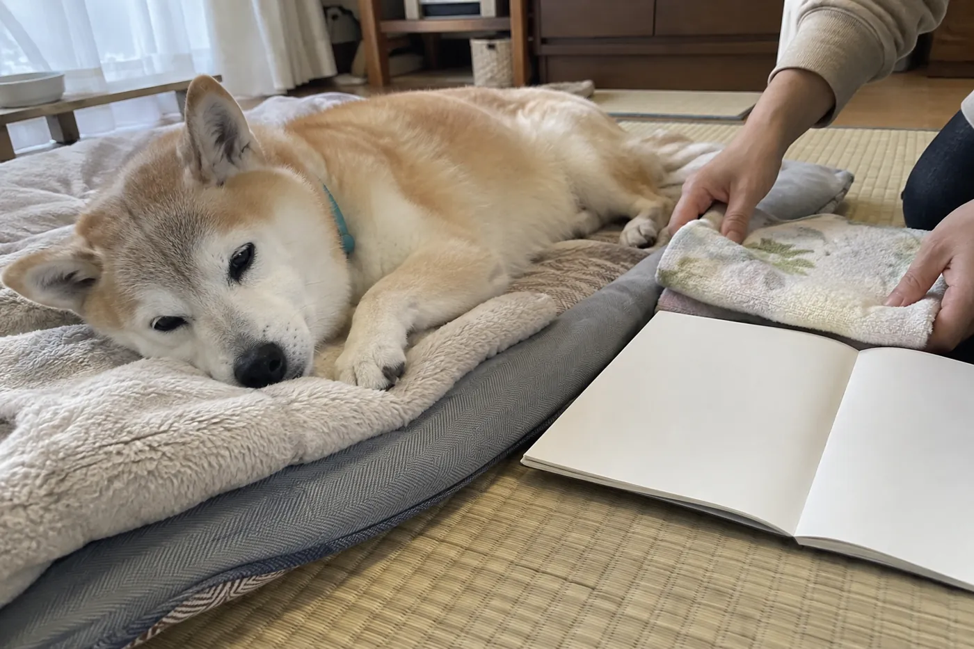 寝床で休む老犬のそばで家族が介護の準備をする様子