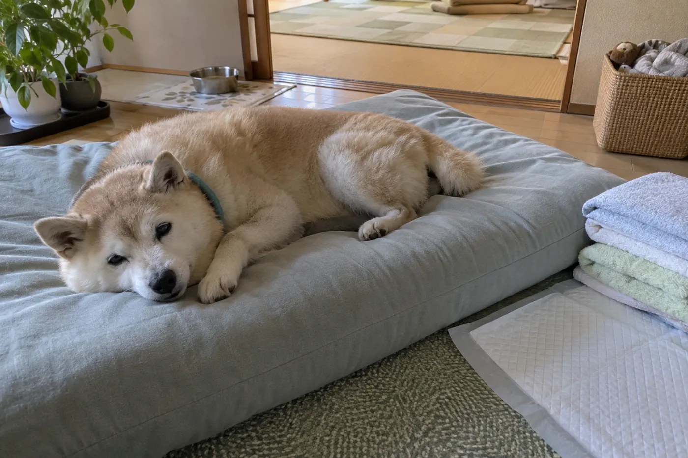 厚みのある寝床で休む老犬と近くに置いた交換用のタオル