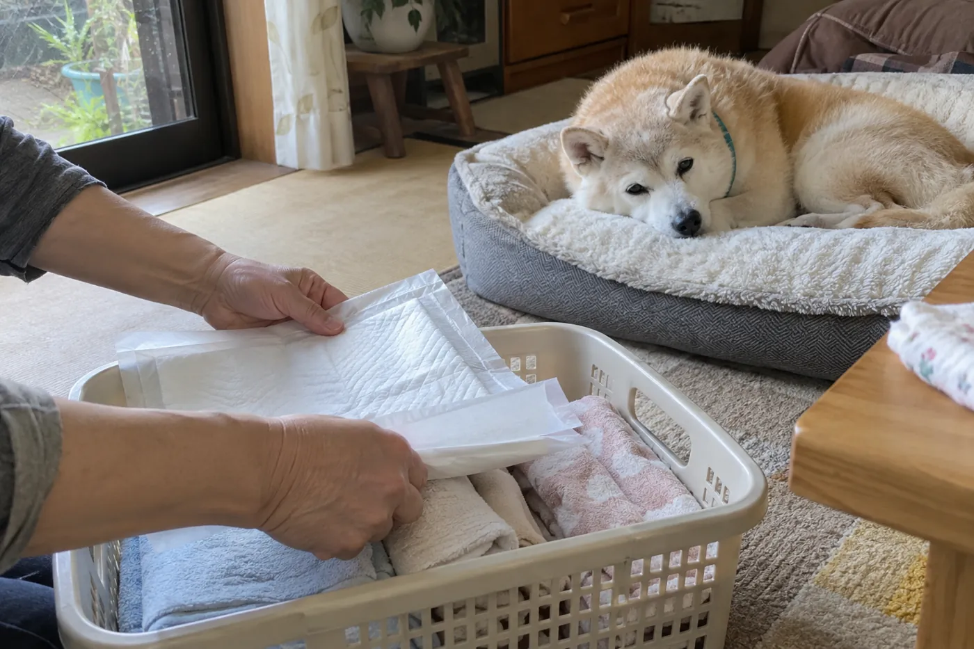 老犬の寝床の近くに清潔な吸水シートとタオルを用意した様子