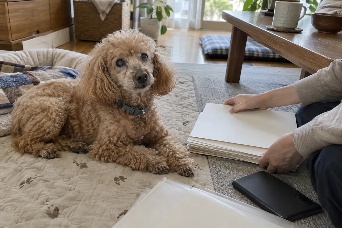 シニア犬のそばで飼い主が書類をまとめる手元