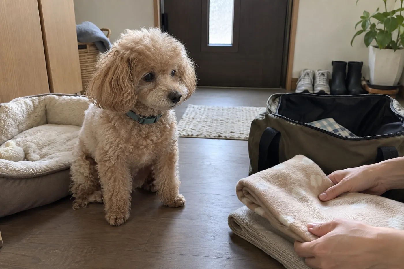 自宅でシニア犬を見守りながら普段の毛布とバッグを整える飼い主の手元