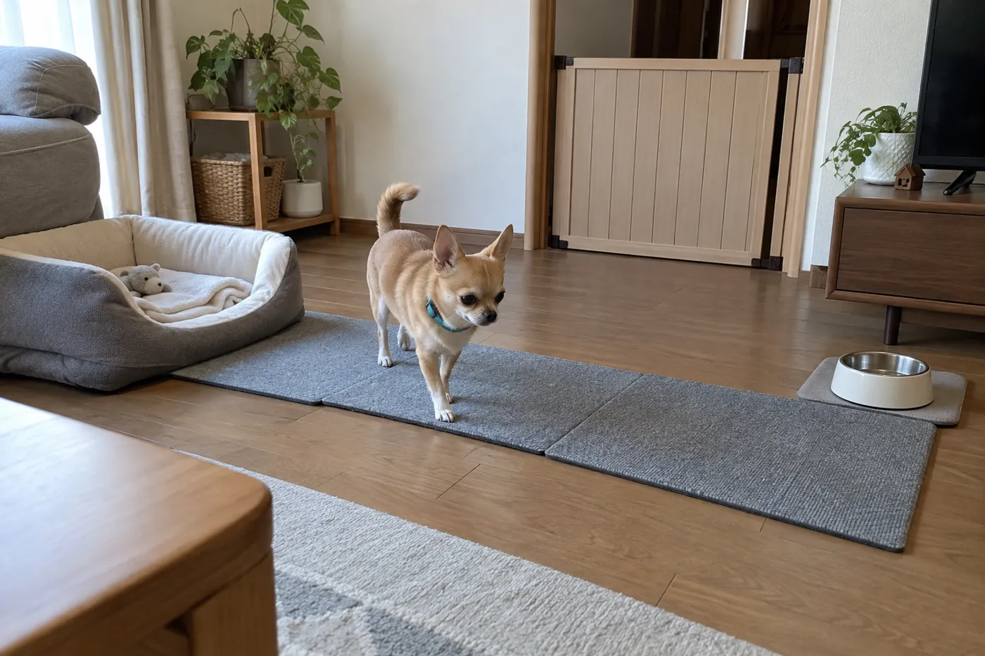 滑りにくいマットと低い寝床を用意した室内のチワワ