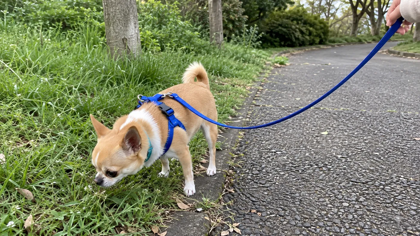 静かな公園でハーネスとリードを着けてにおいを嗅ぐチワワ