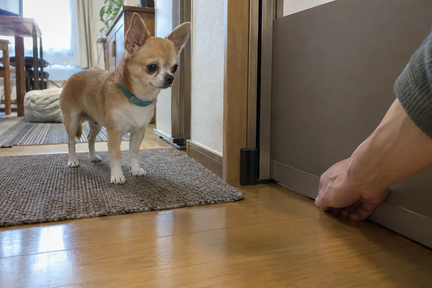 ゲート下の隙間を確かめる飼い主の手元とマットに立つチワワ