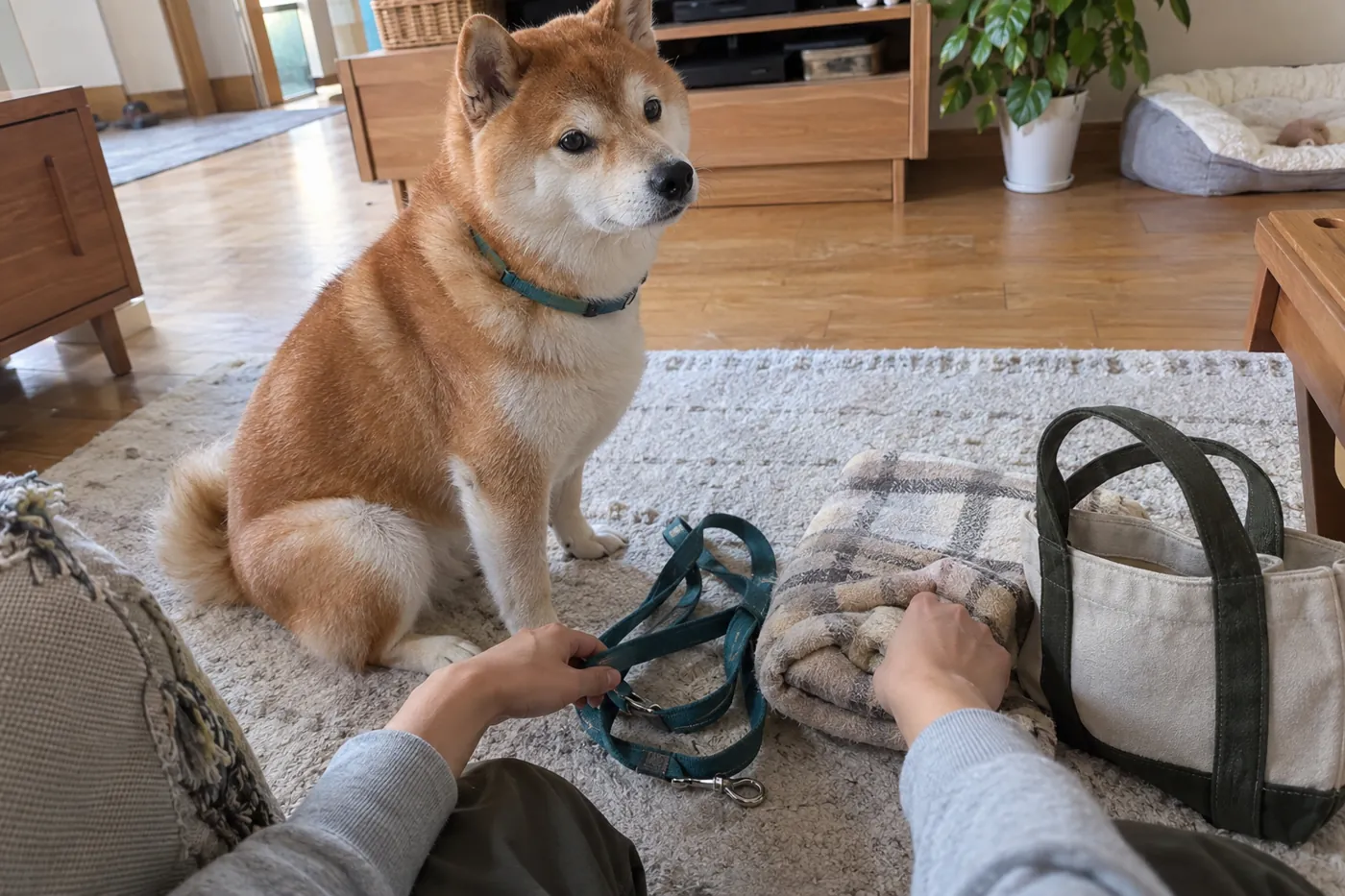 青緑の首輪を着けた柴犬と、自宅で預ける準備をする飼い主の手元
