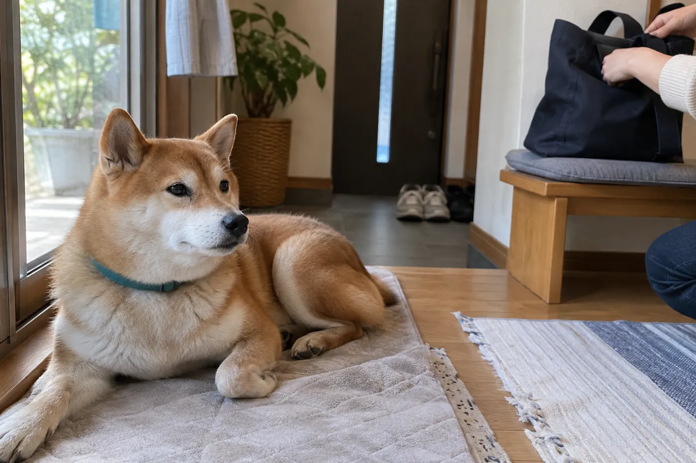窓辺のマットで過ごす柴犬と、外出用のバッグを用意する飼い主の手元