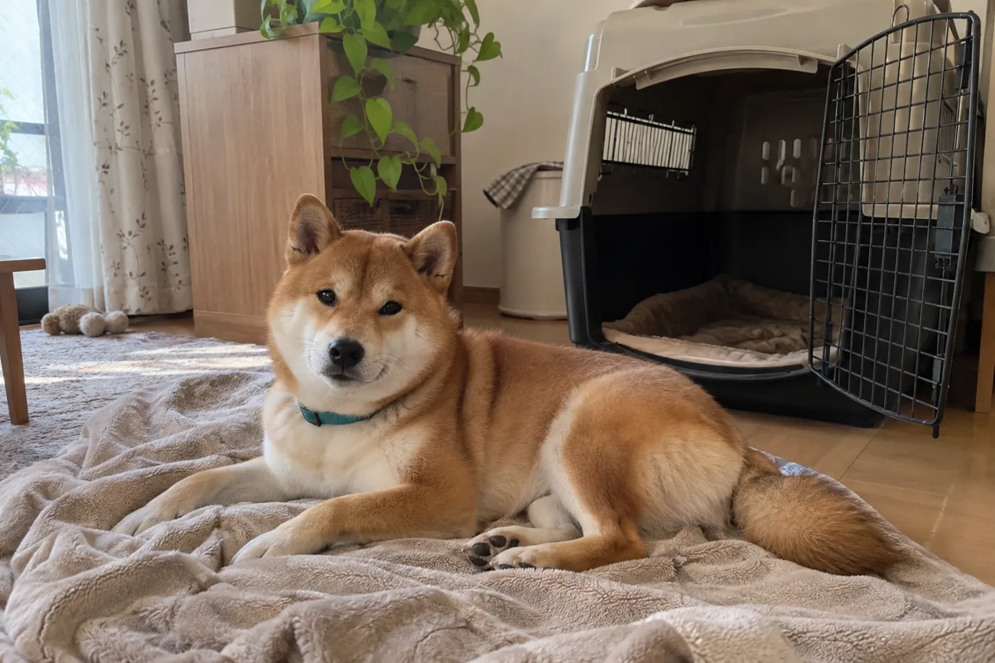 開いたクレートのそばで、普段の毛布に横になる柴犬