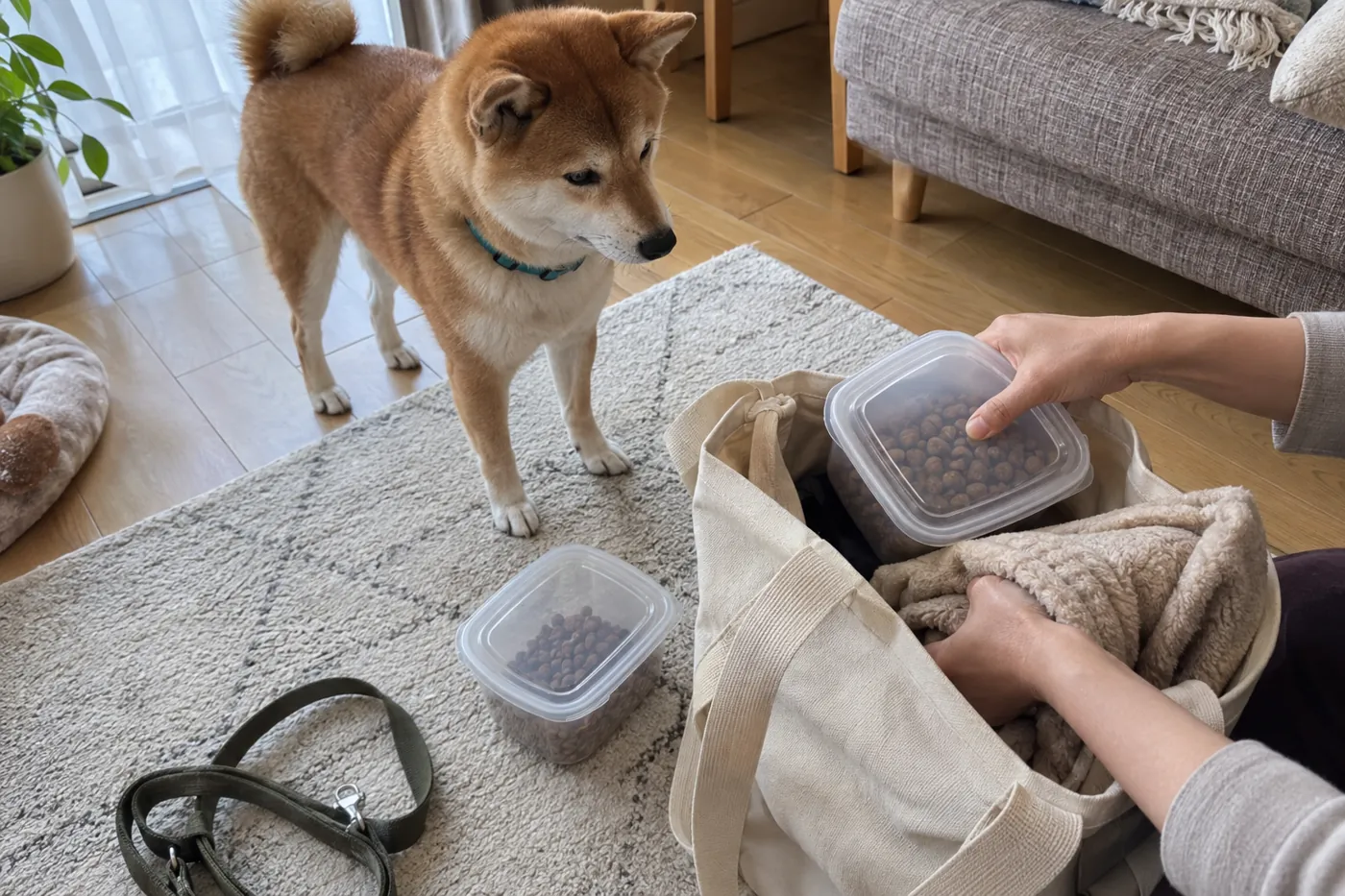 小分けのフードと毛布をバッグへ入れる手元を見守る柴犬