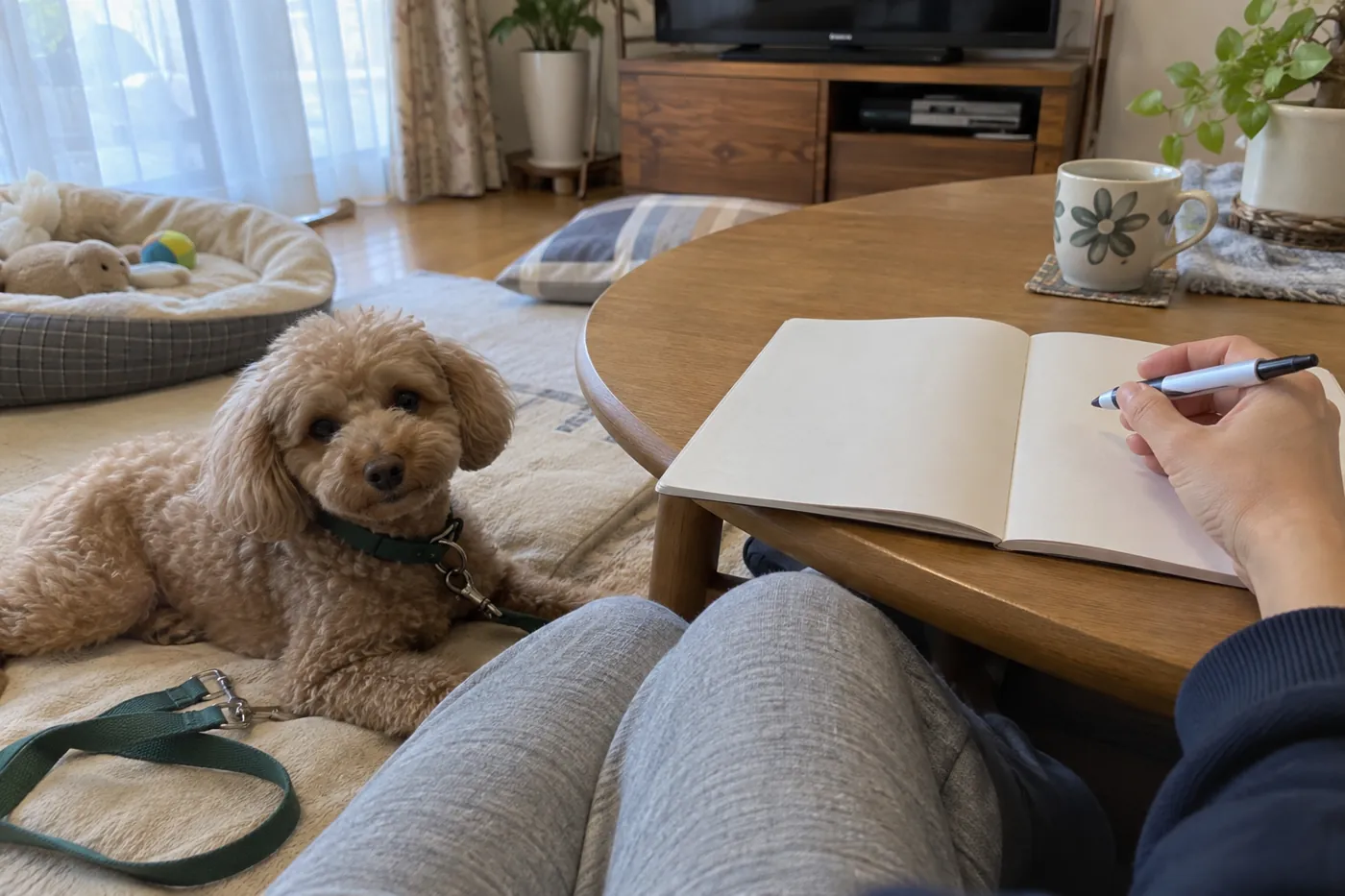 自宅で相談メモを準備する飼い主の手元と、そばで休む犬