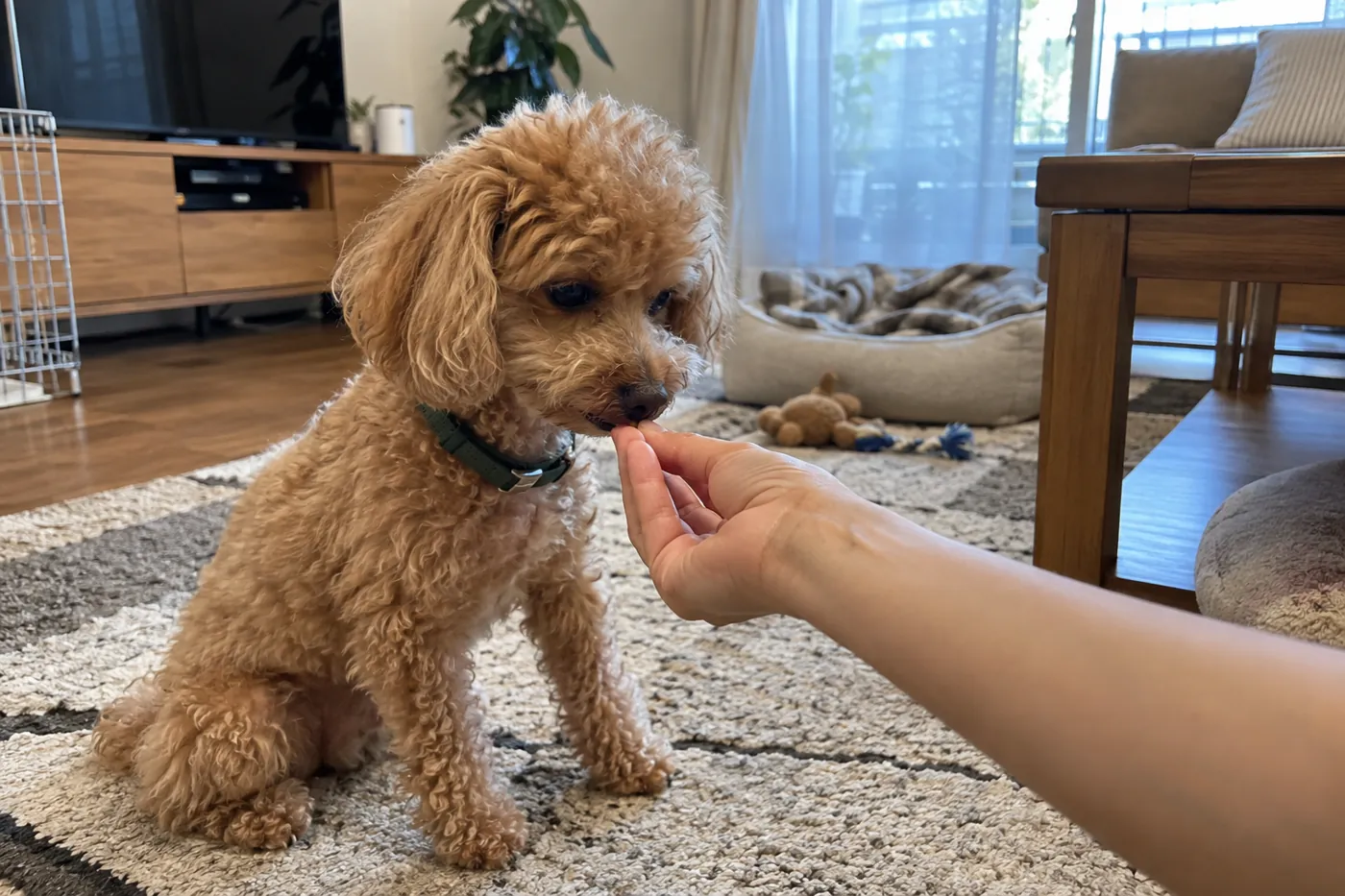落ち着いて座った犬に、飼い主が手から小さなごほうびを渡す様子