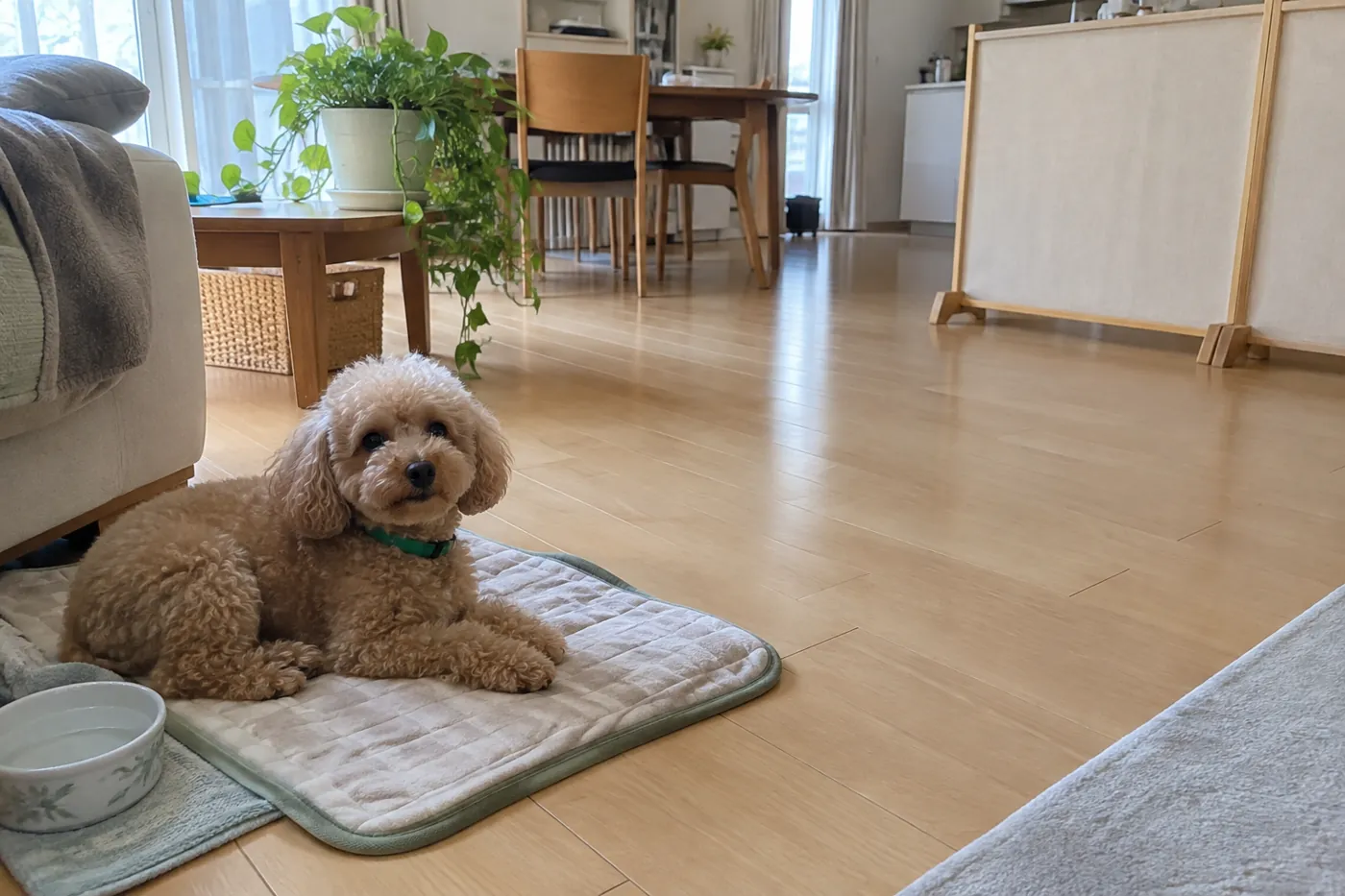 広めの室内で、仕切りから離れたマットの上で休む犬