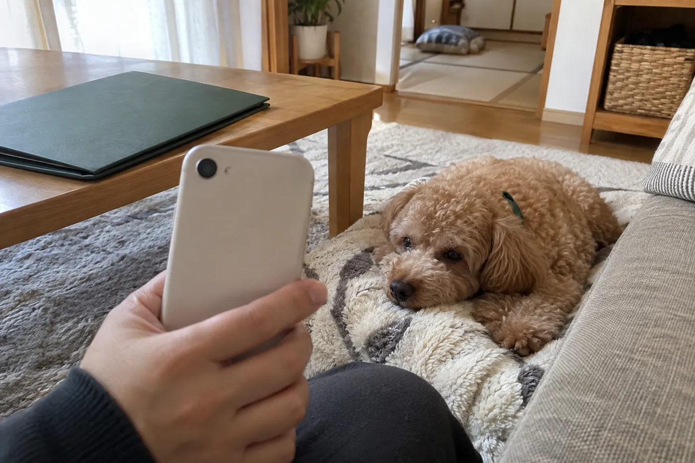 自宅で犬を休ませながら、相談のために電話を持つ飼い主の手元
