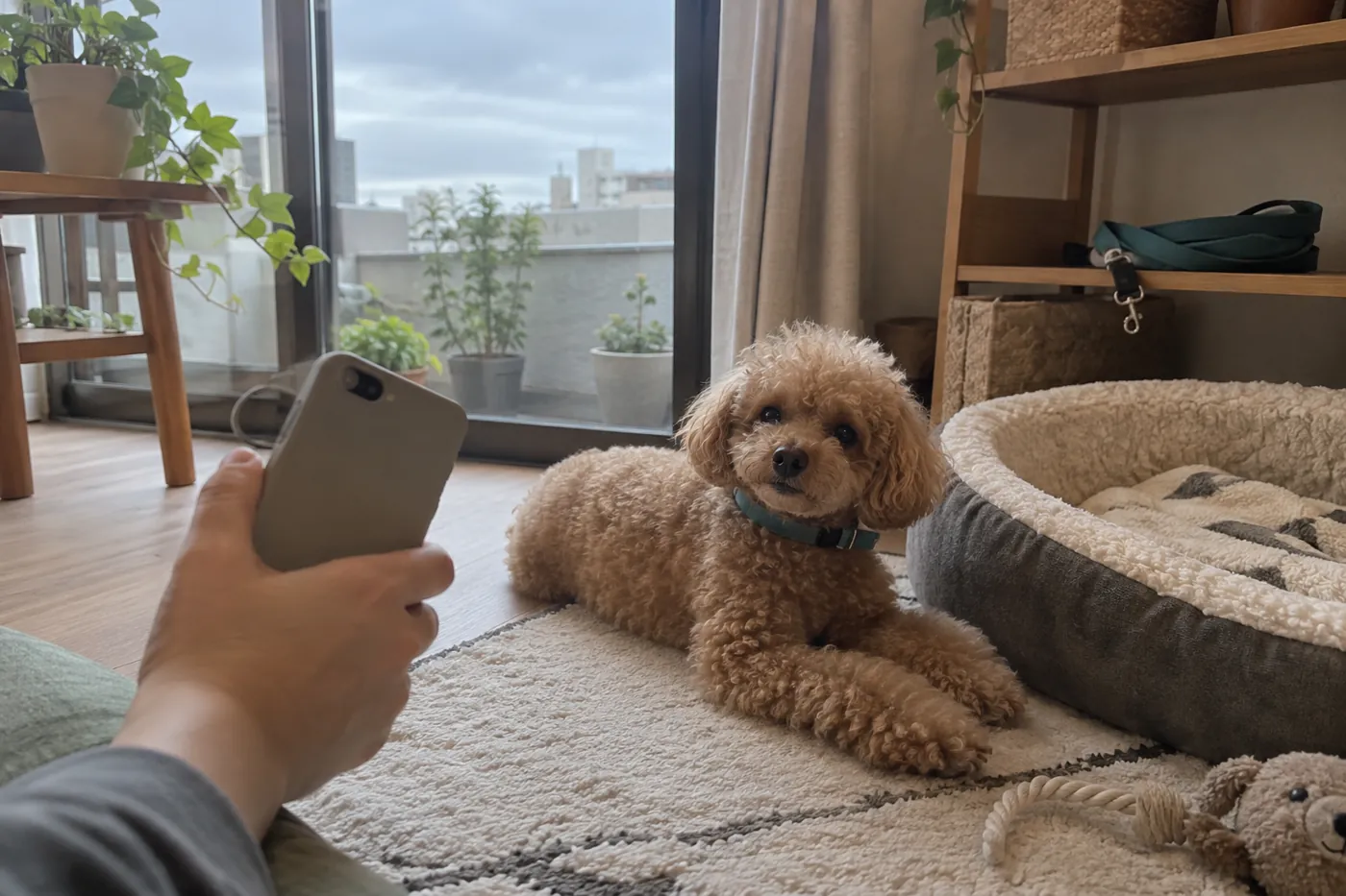 室内で休む犬のそばで飼い主がスマートフォンを確認する様子