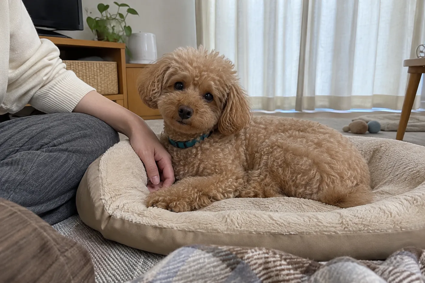寝床にいる犬のそばで飼い主が静かに手を添えて見守る様子