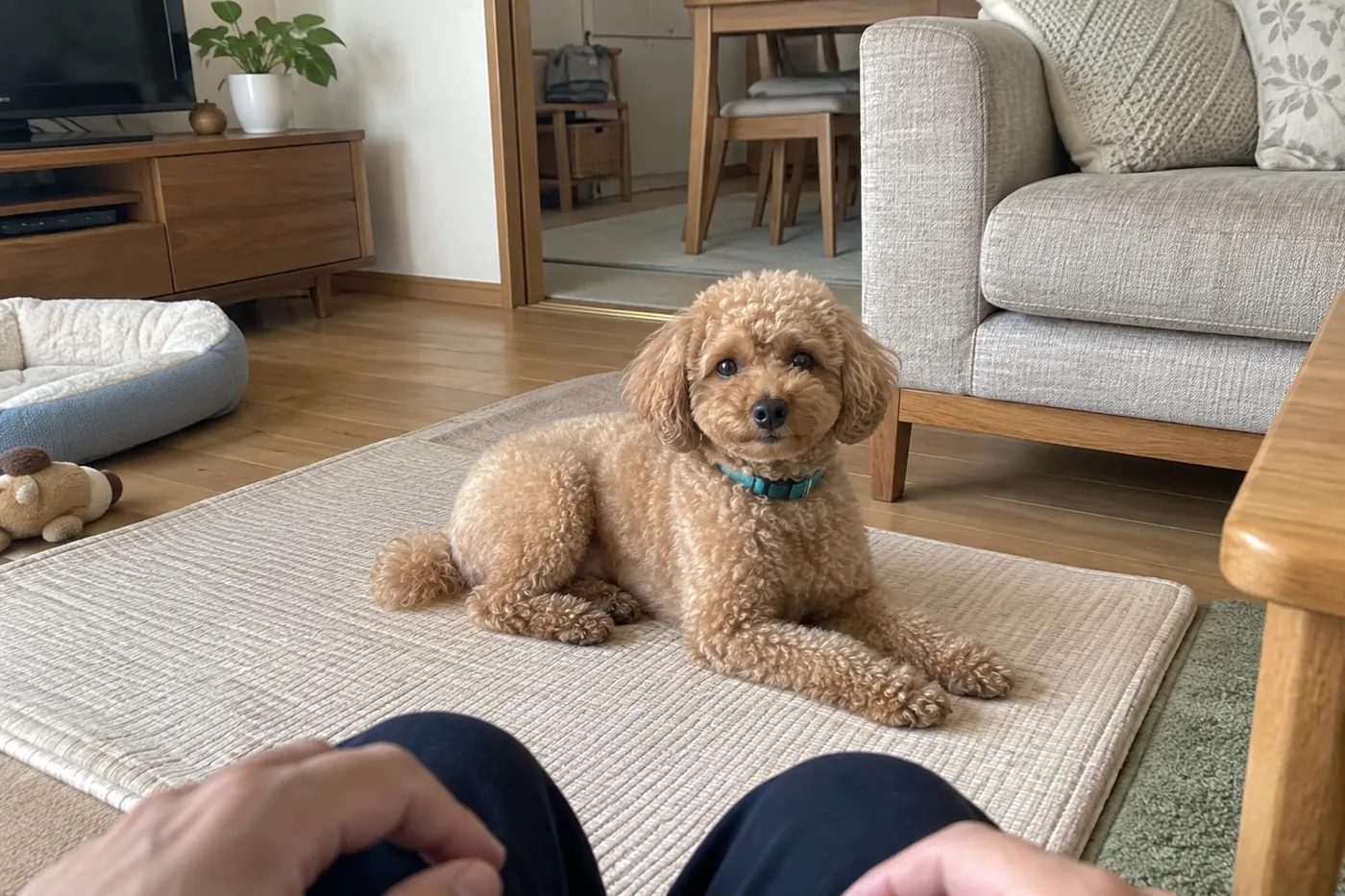 室内のマットで休む犬を少し離れた場所から見守る様子