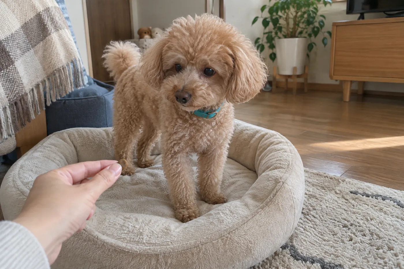 穏やかな日に犬が自分から寝床へ入り飼い主からごほうびをもらう様子