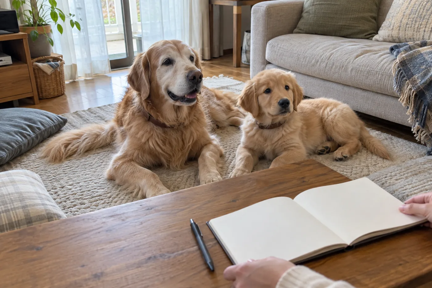 家でくつろぐ犬のそばで記録用のノートを開く飼い主の手元