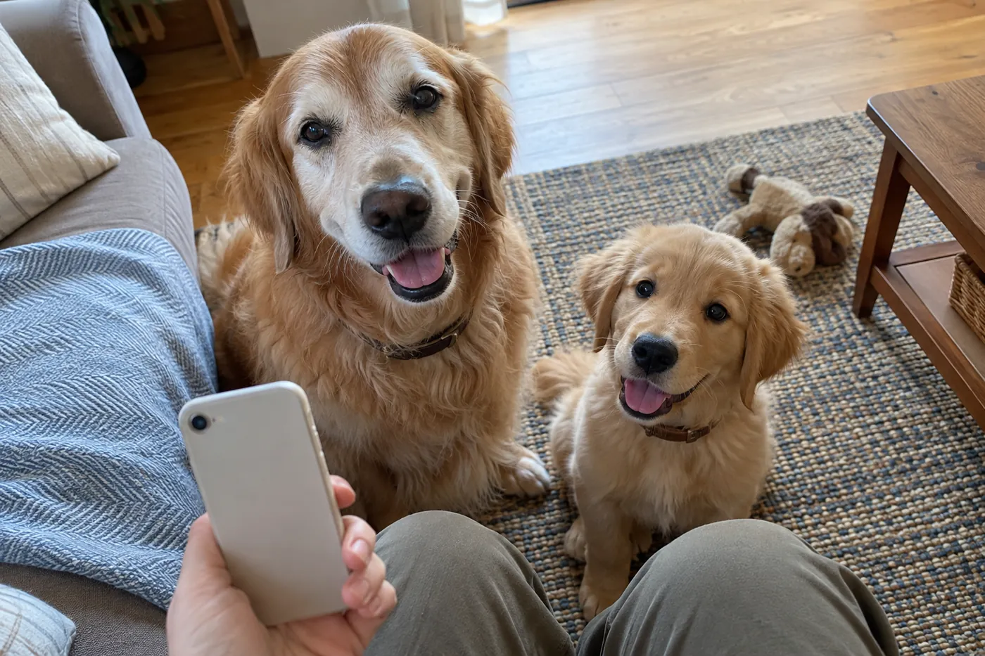 床に座る犬を見ながら飼い主が手元でスマートフォンを確認する様子