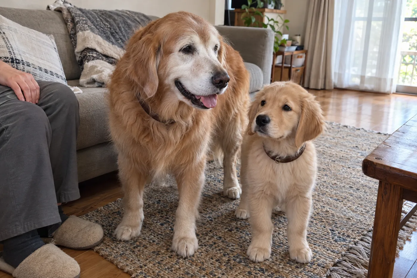自宅で穏やかに過ごす犬の様子をそばで見守る飼い主