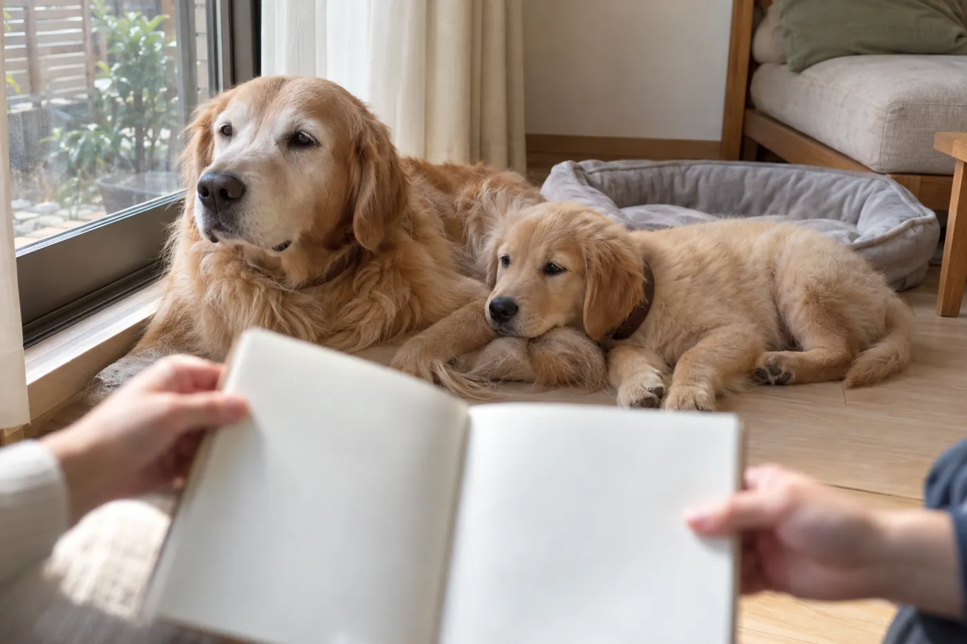 窓辺の犬のそばで家族がノートを見返す手元