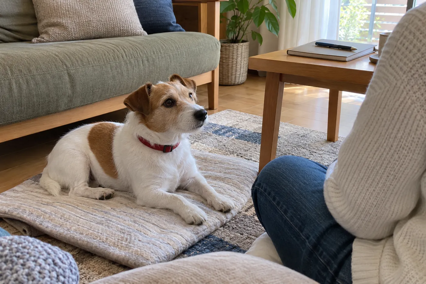 自宅で休む犬の様子を、そばに座った飼い主が見守っている