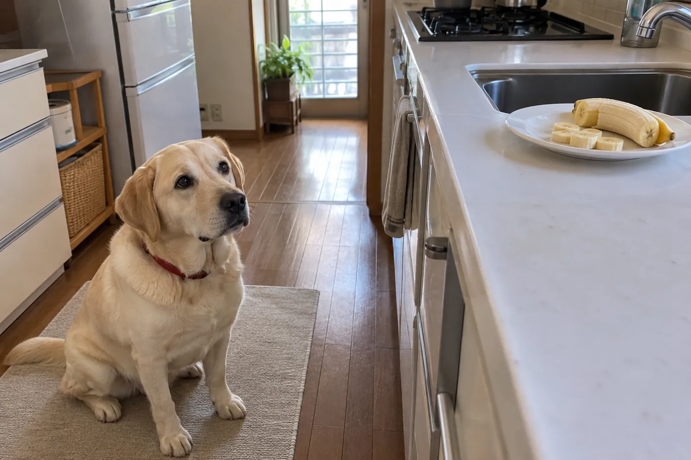 台所の台に置いたバナナの果肉と、離れたマットで待つ犬