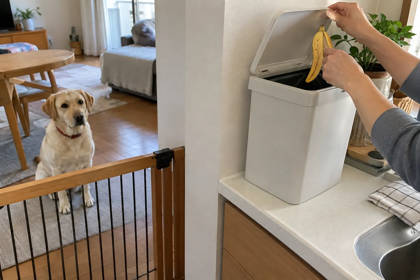 犬から離れた台所で、飼い主の手がバナナの皮を片付ける様子