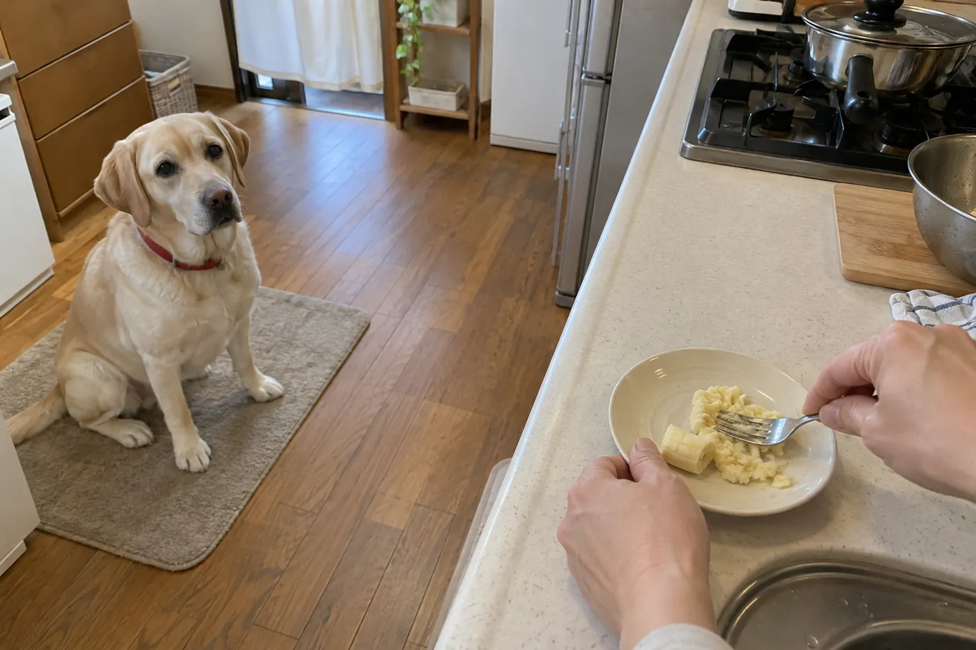 犬がマットで待つ間に、飼い主の手が小皿の果肉をフォークでつぶす様子