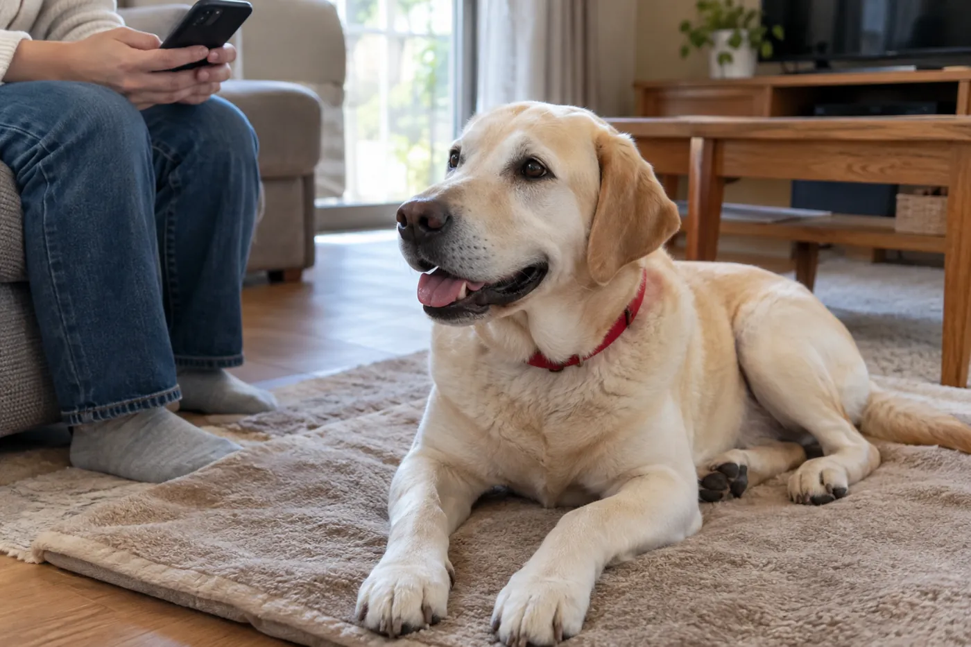 自宅でくつろぐ犬のそばで、飼い主がスマートフォンを手に様子を見る場面
