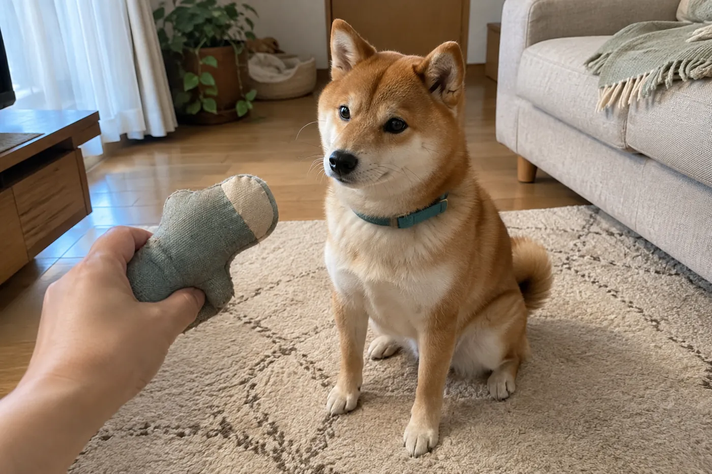 飼い主の手元のおもちゃを静かに見上げる柴犬