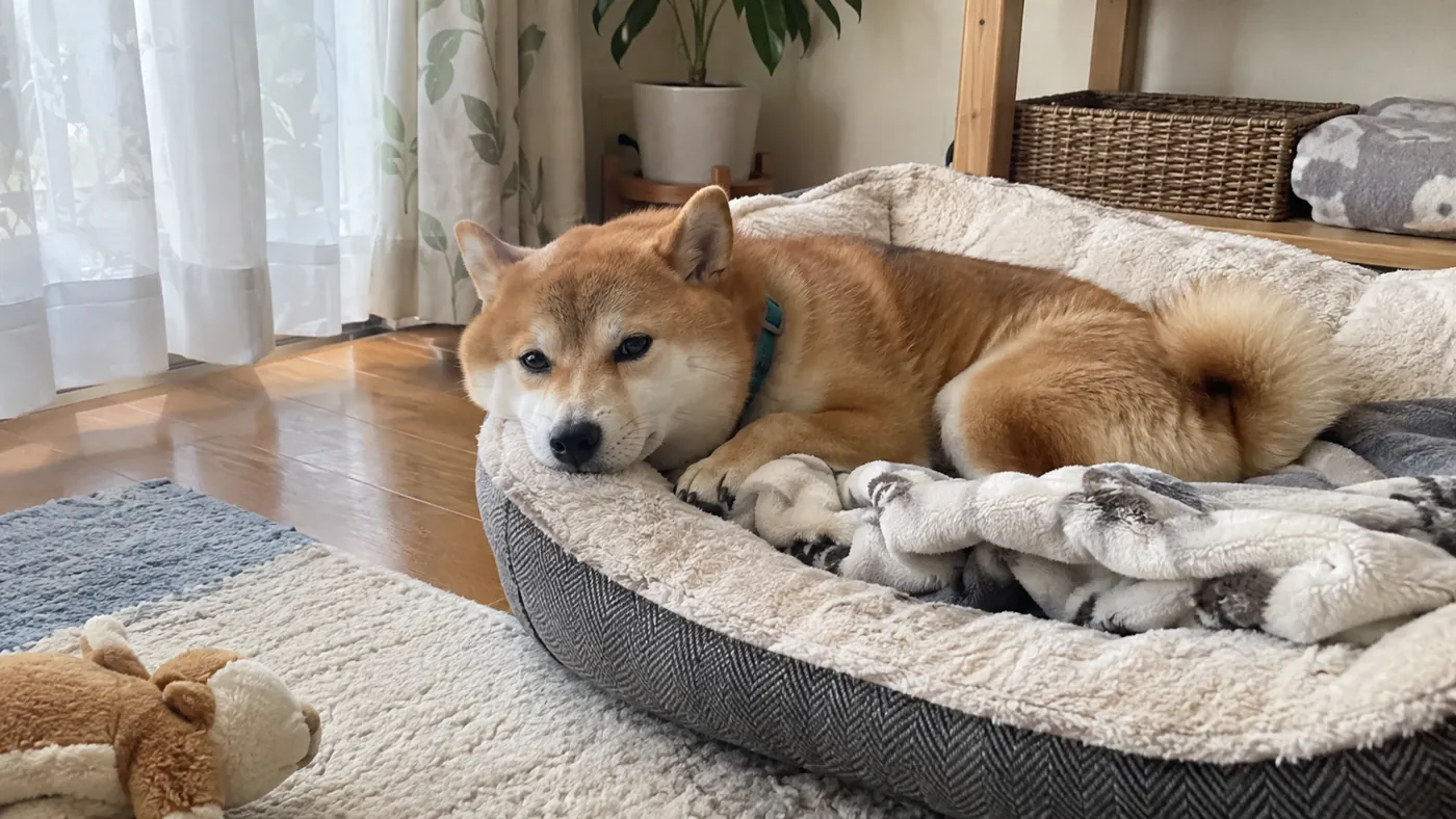 明るい室内の柔らかい寝床で休む柴犬