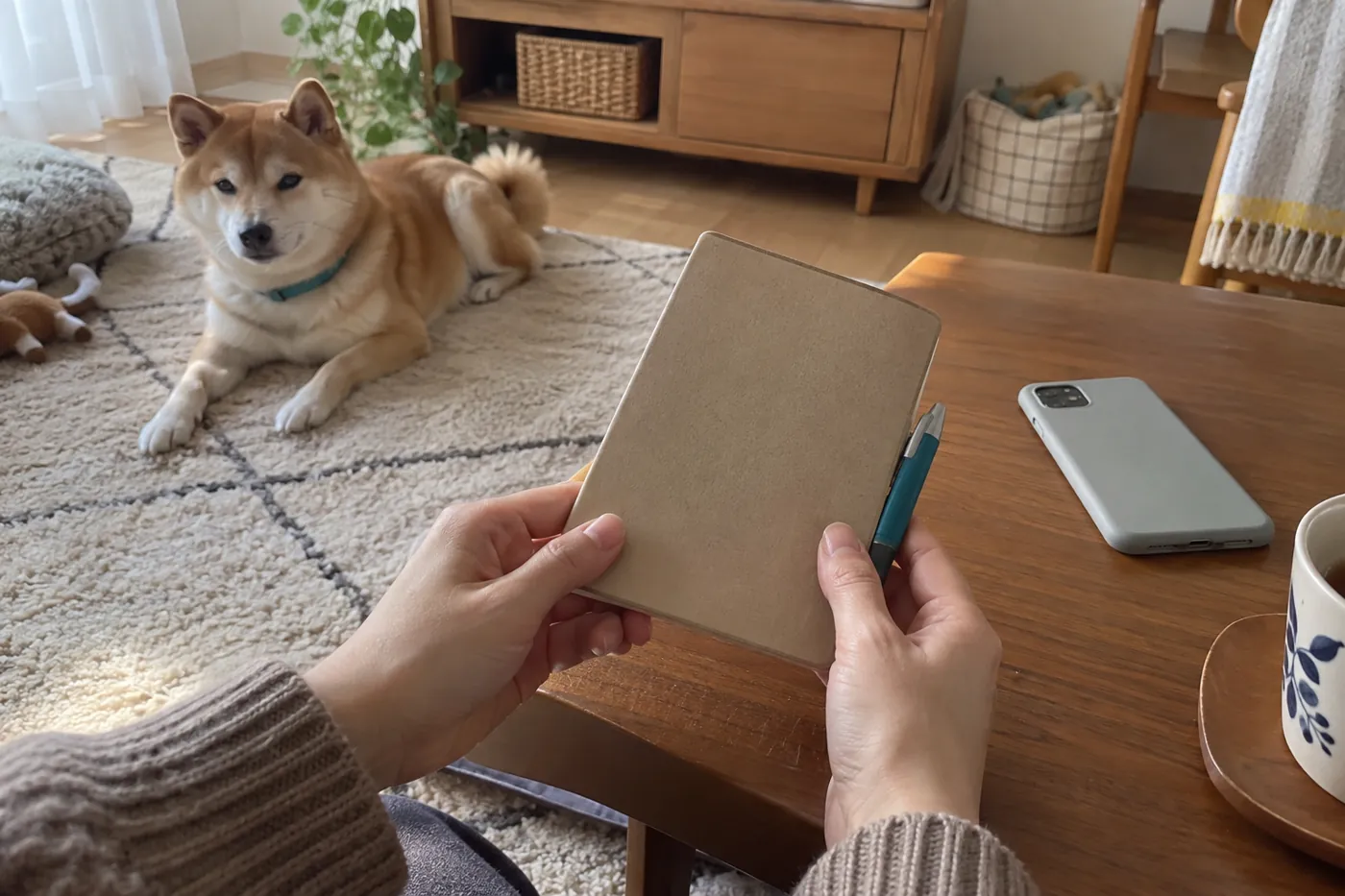柴犬が休むそばで飼い主が手元のノートに記録する様子