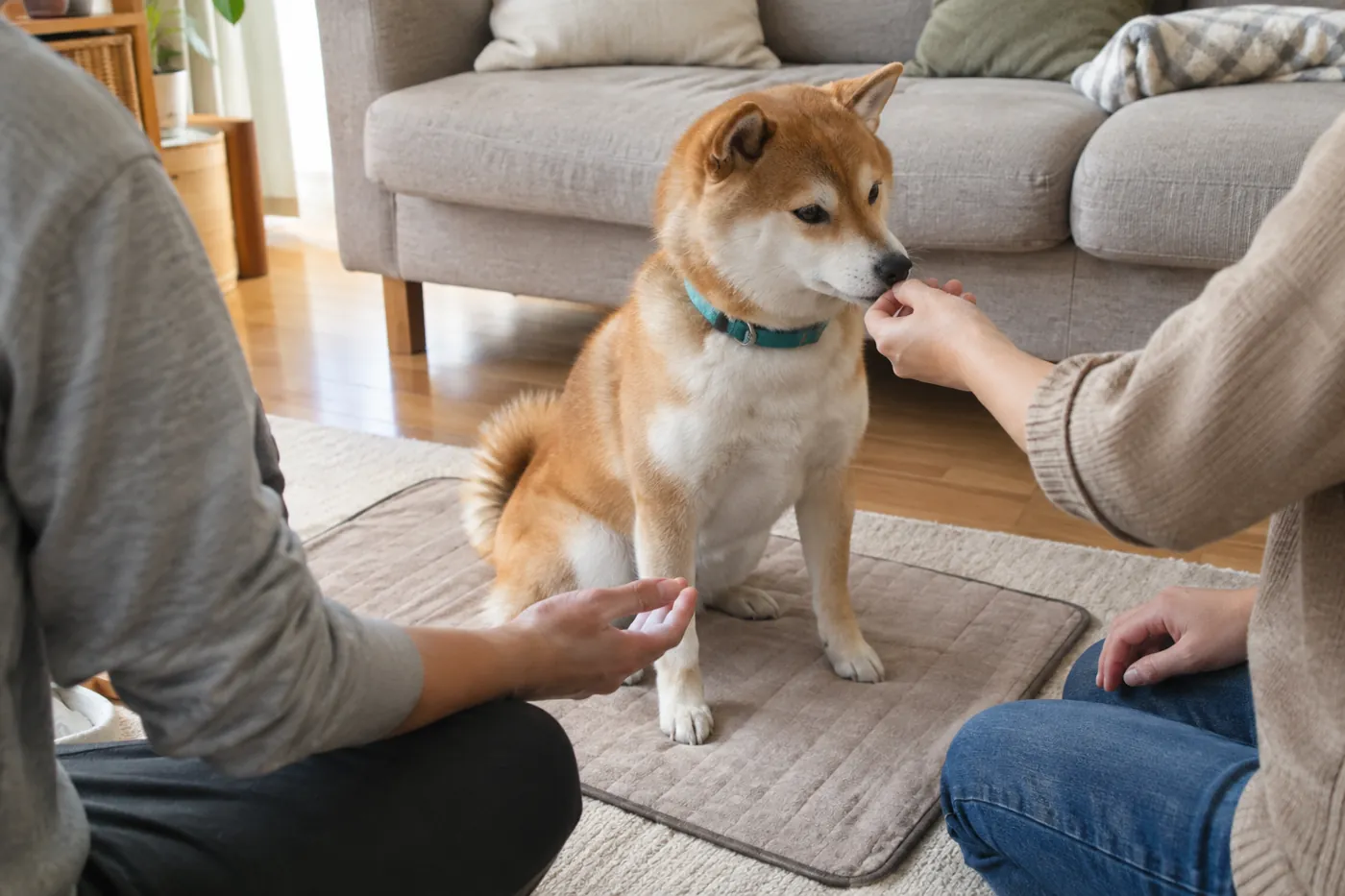 自宅で柴犬のマット練習をしながら二人の大人が手元で相談する様子