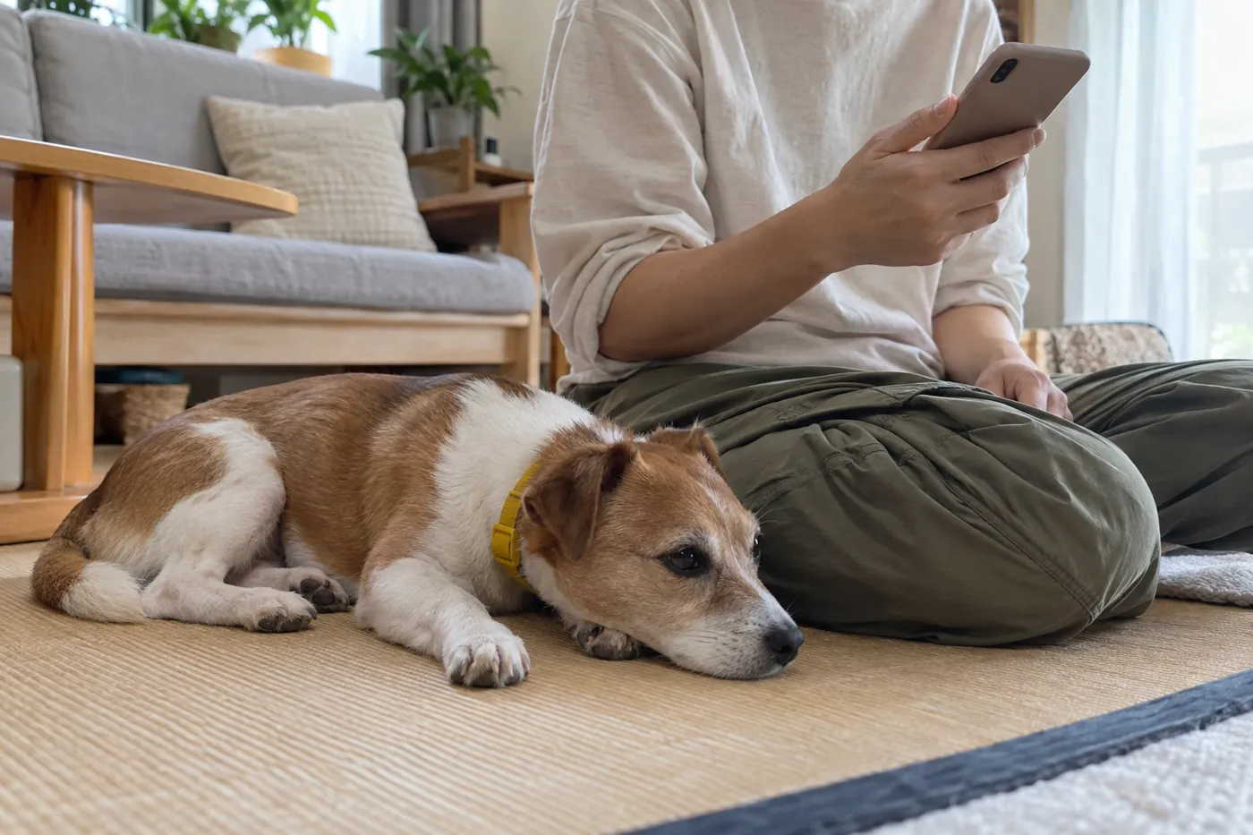 室内で休む犬を見ながら電話で相談する飼い主の手元