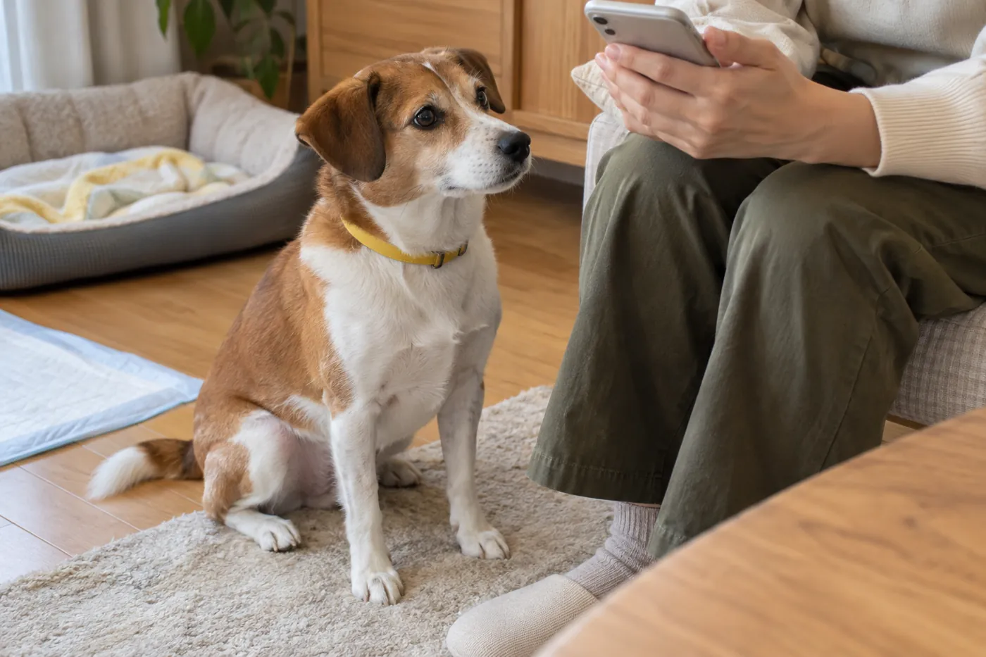 そばで座る犬と、スマートフォンを確認する飼い主の手元