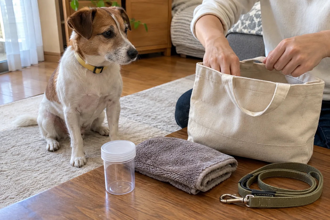 犬のそばで通院用バッグと清潔な採便容器を用意する手元