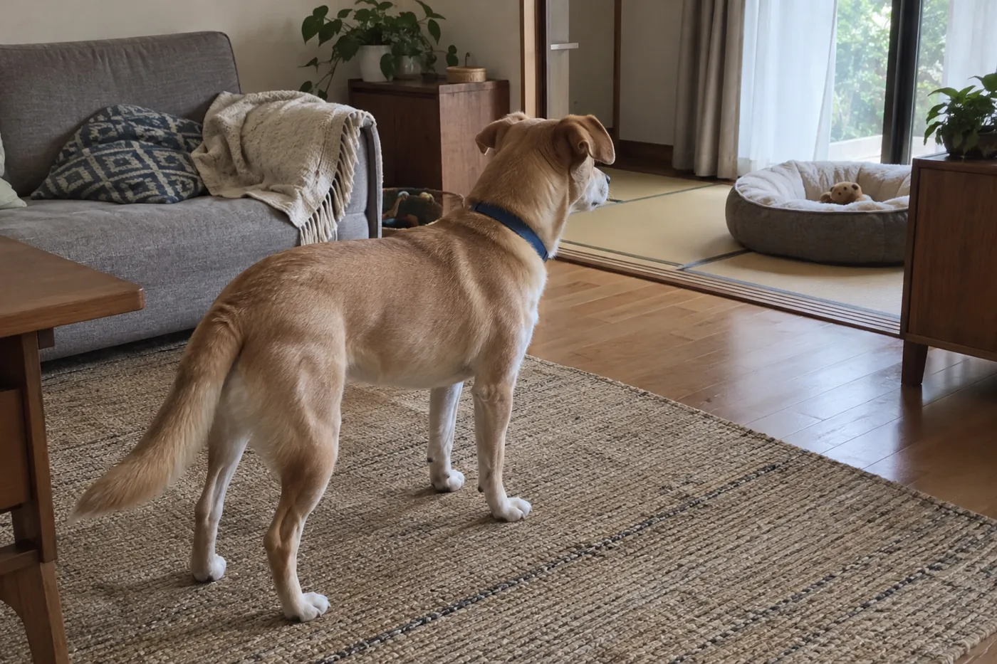 部屋の敷物の上に立ち、耳からしっぽまで全身が見える犬