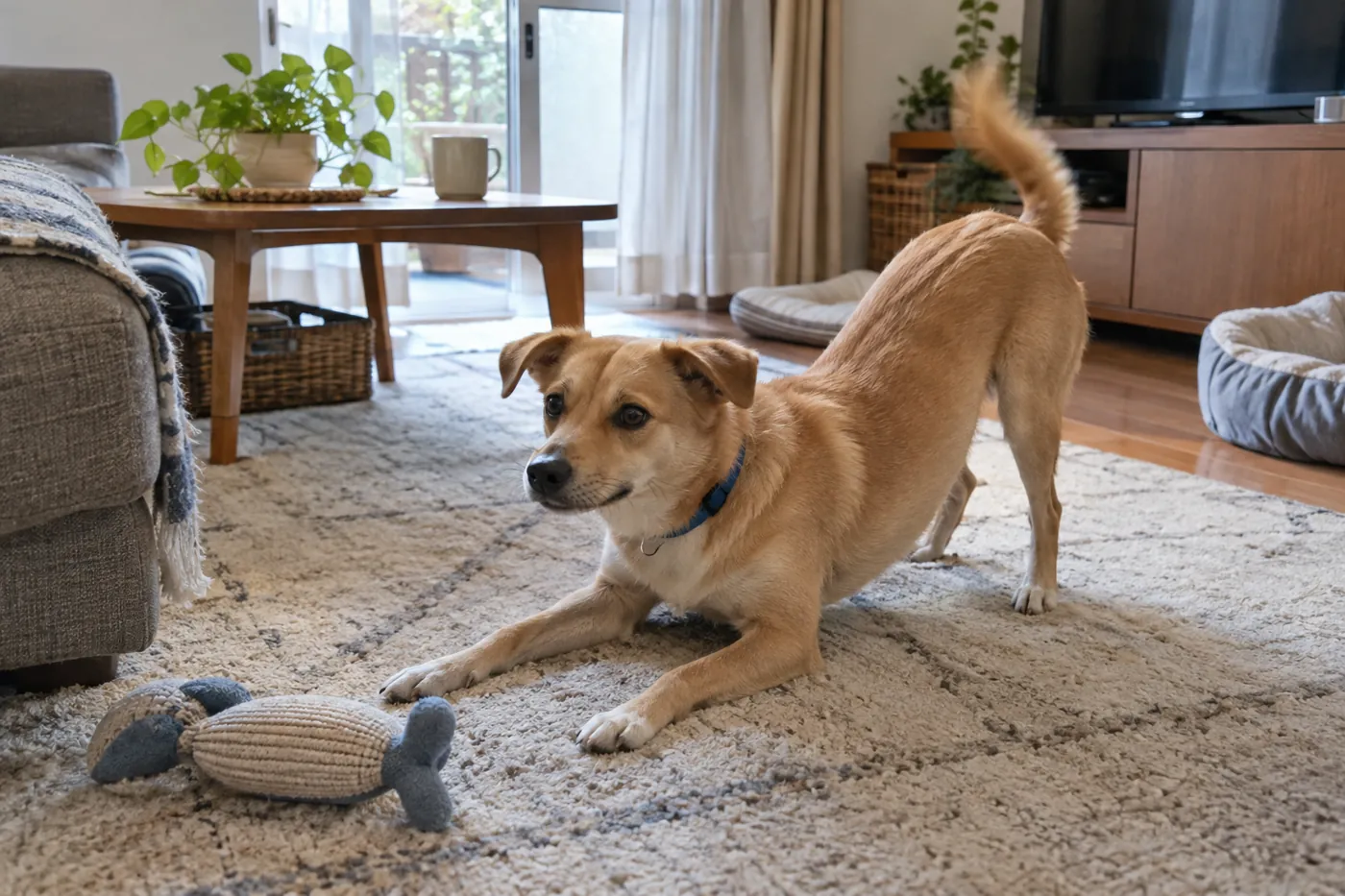 室内で前脚を伸ばし、腰を上げた姿勢を取る犬