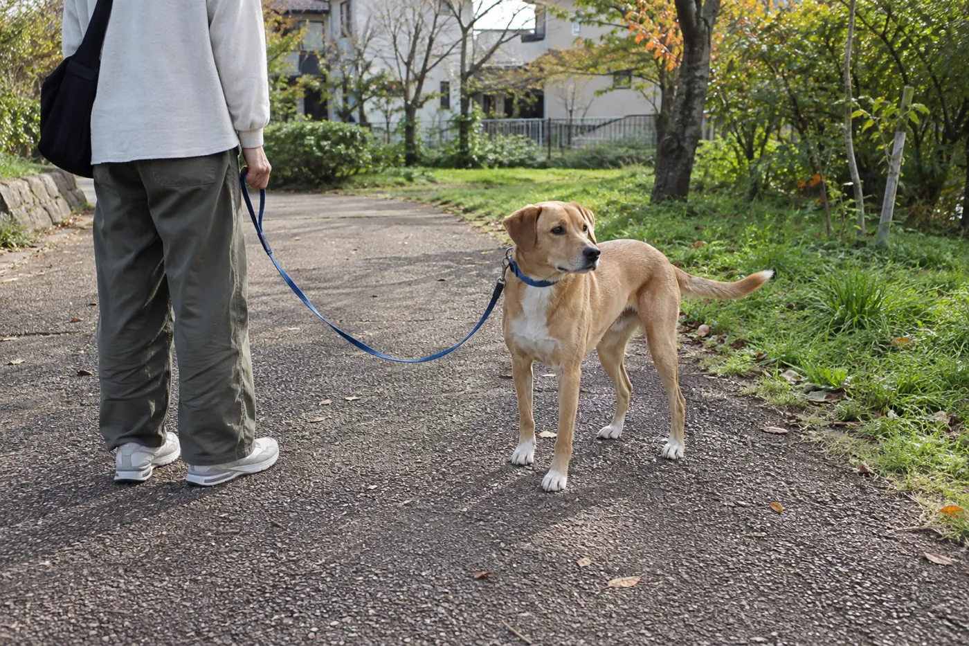 公園の道で犬と距離を取り、横向きに立って待つ飼い主の後ろ姿