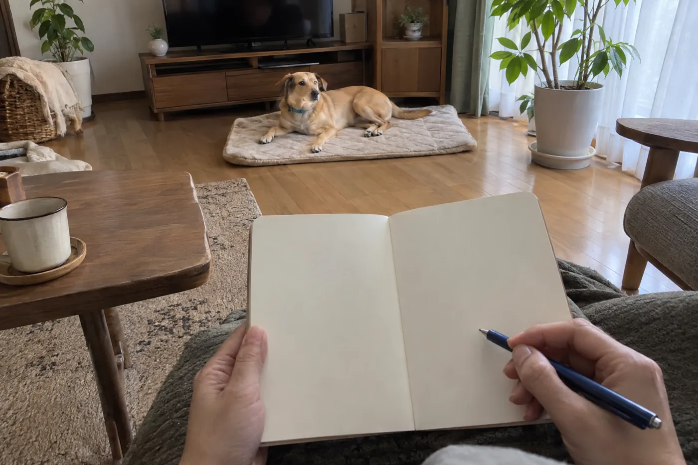 敷物で休む犬から離れた場所で、ノートを持つ飼い主の手元