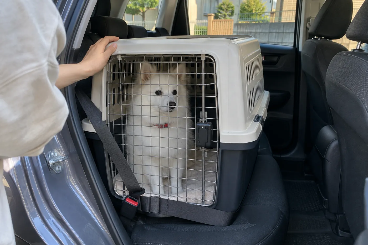 停車中の車で固定されたクレートに入り、飼い主が様子を見る犬