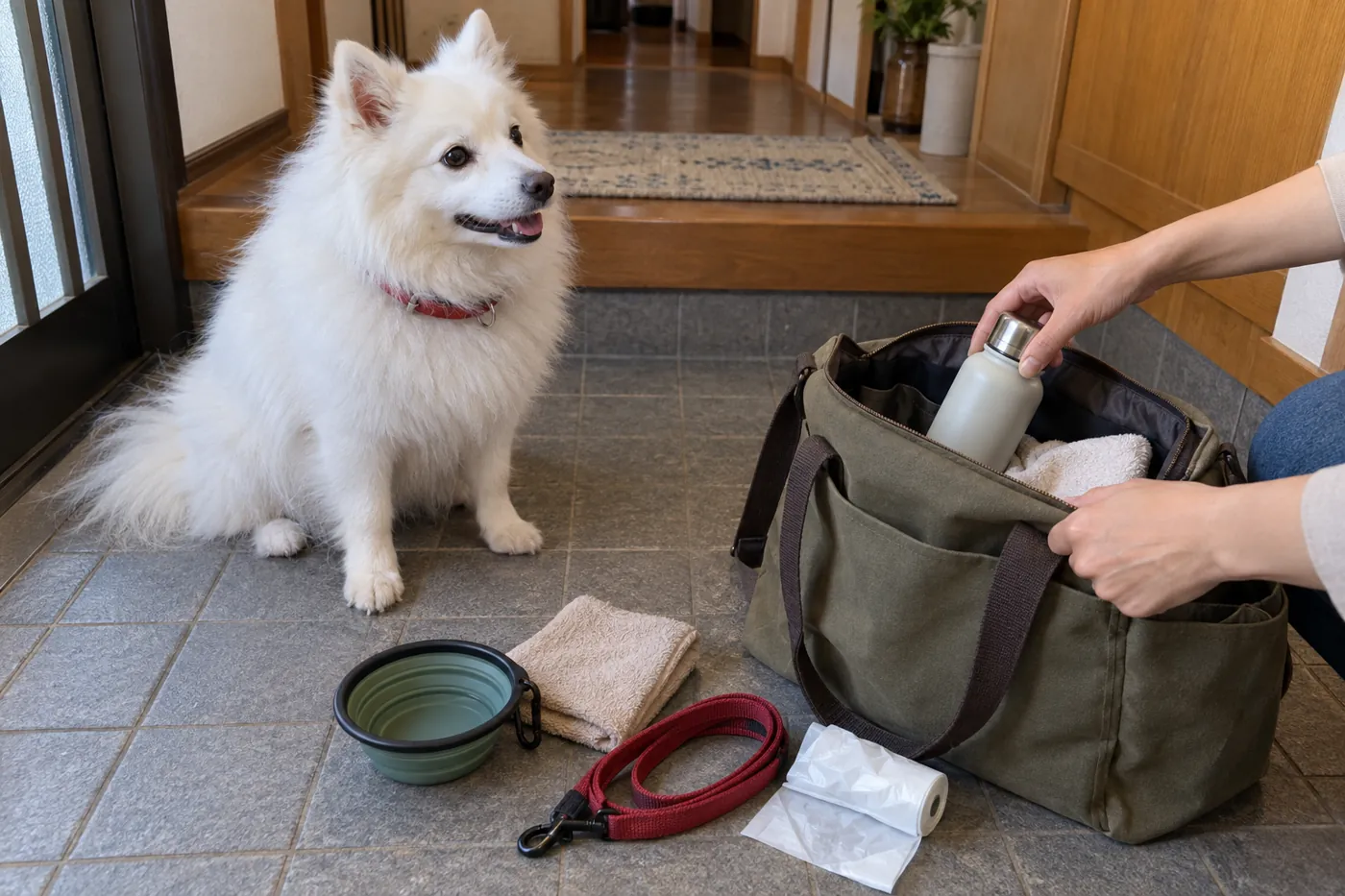 自宅で犬の移動用の水やタオルをかばんに用意する飼い主の手元