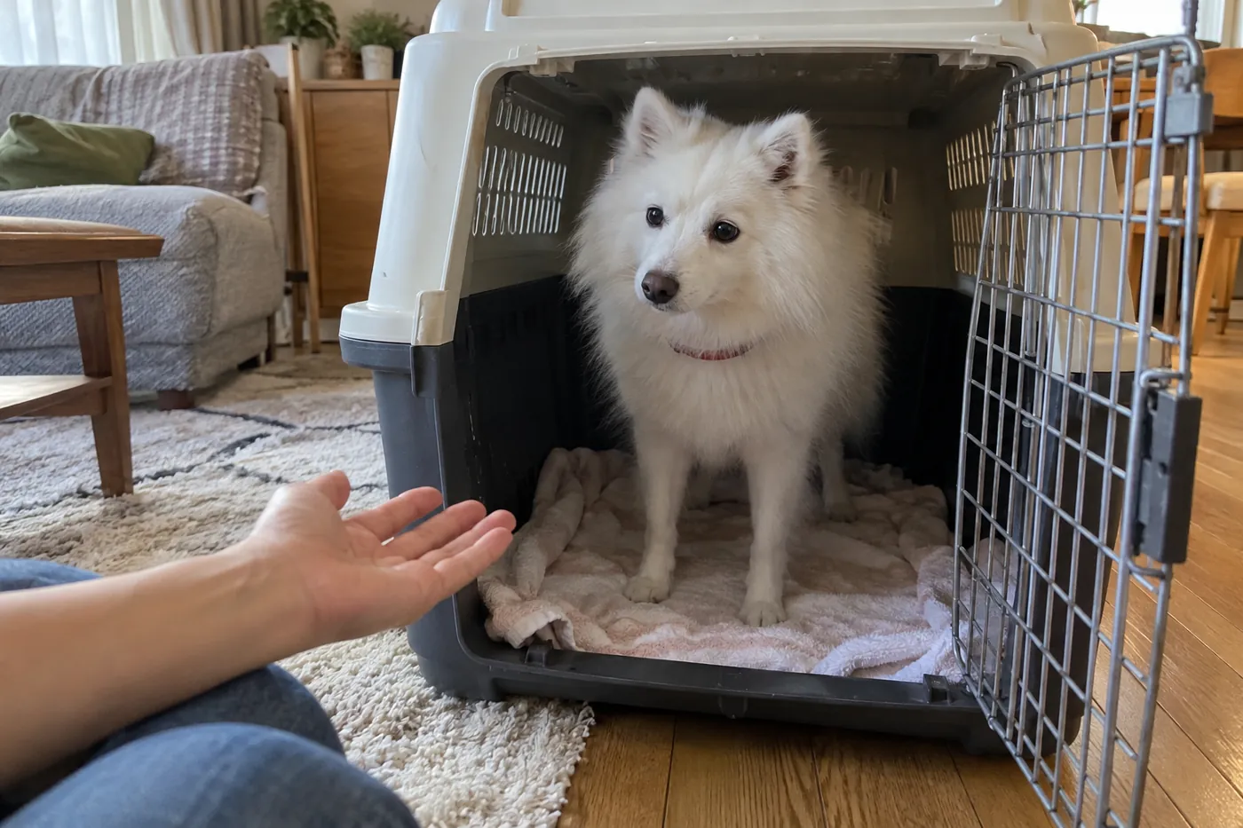 自宅の開いたクレートに自分から入り、飼い主の手元を見る犬