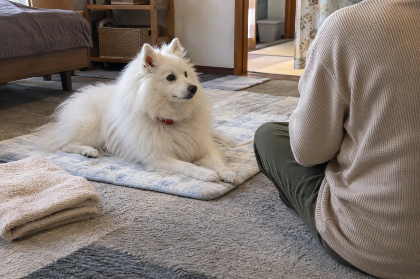 休憩先の静かな室内で敷物に休む犬を、そばで見守る飼い主