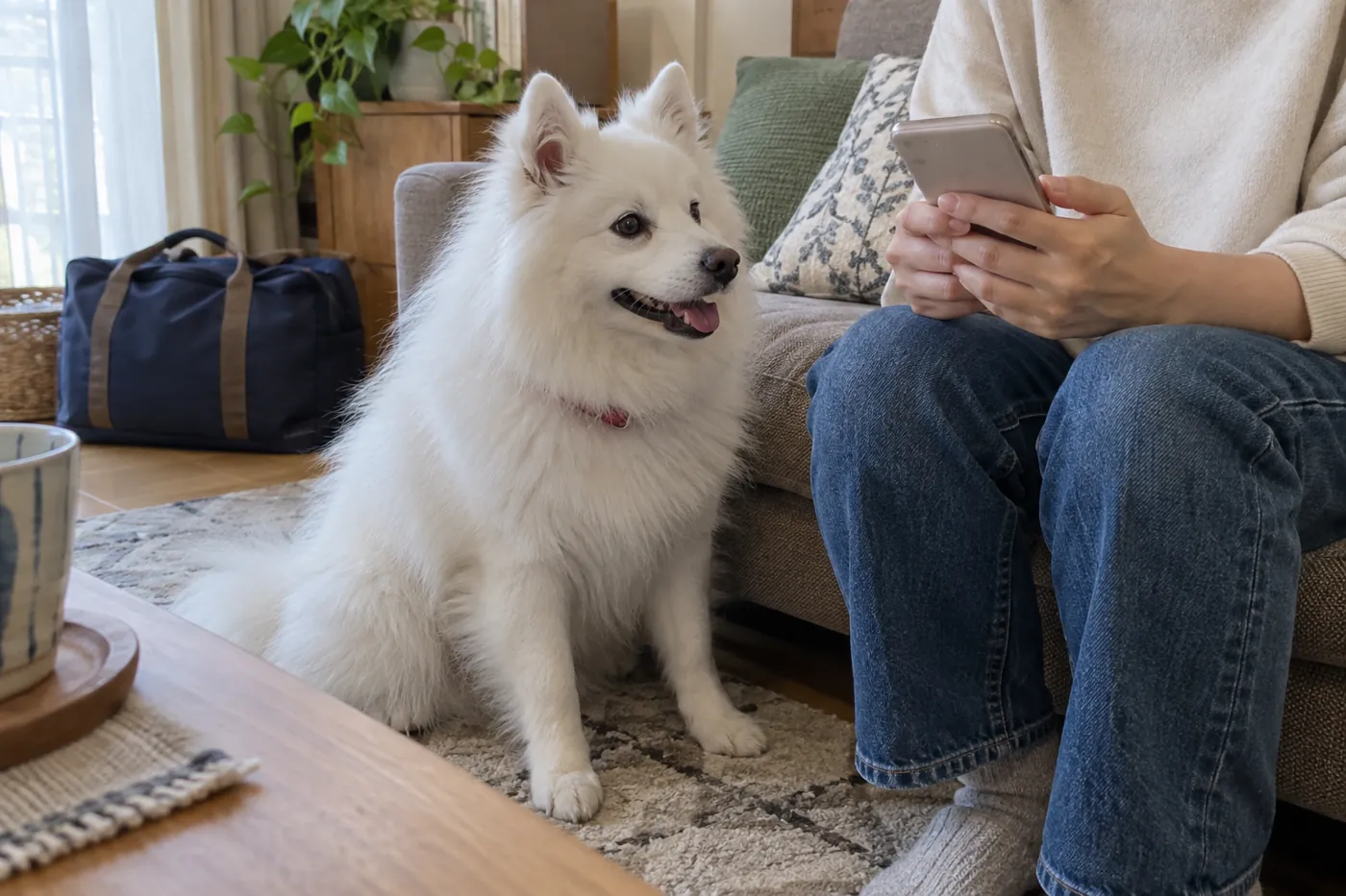 自宅で犬のそばに座り、移動前の相談内容をスマートフォンで確認する飼い主の手元