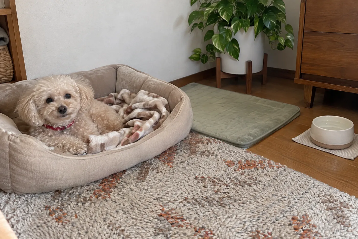 窓や出入口から離れた低い犬用ベッドと乾いた毛布で休むトイプードル