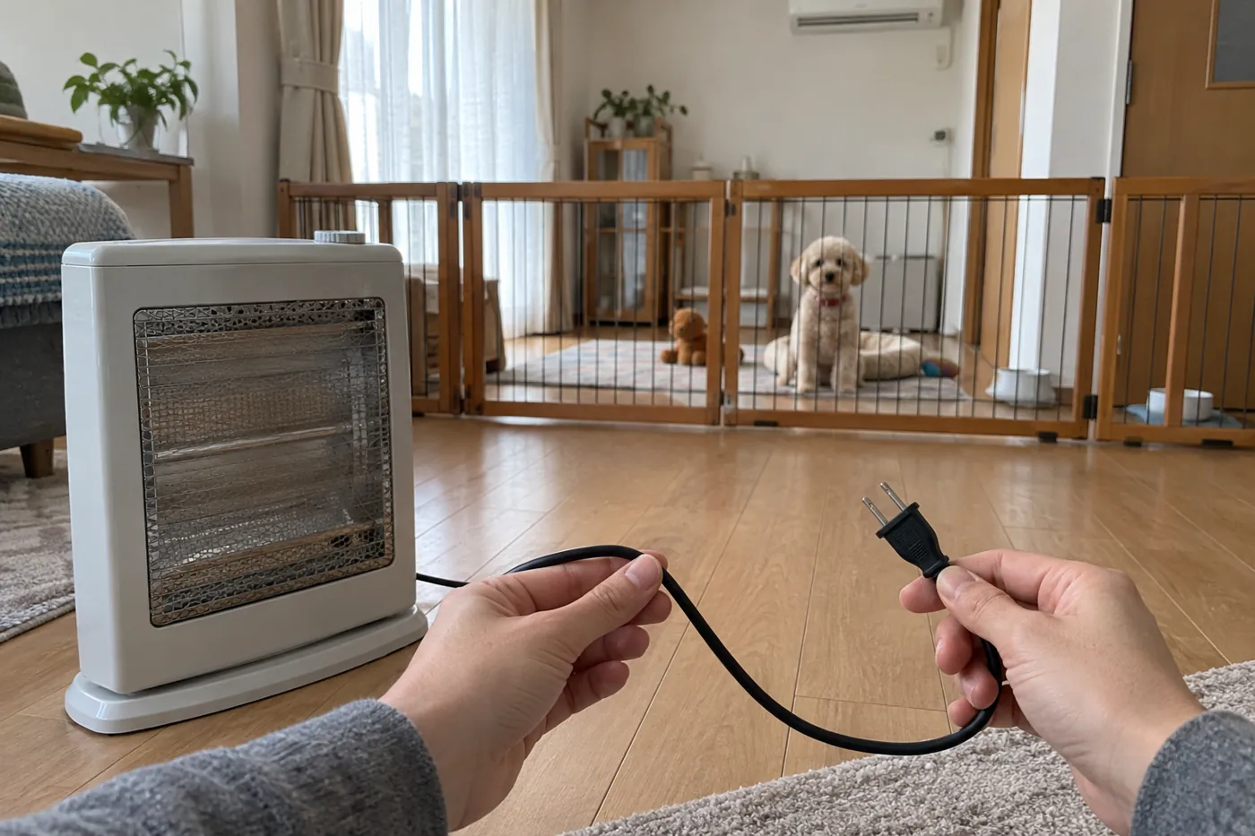 壁掛けエアコンのある部屋で犬から離して配線を点検する飼い主の手元
